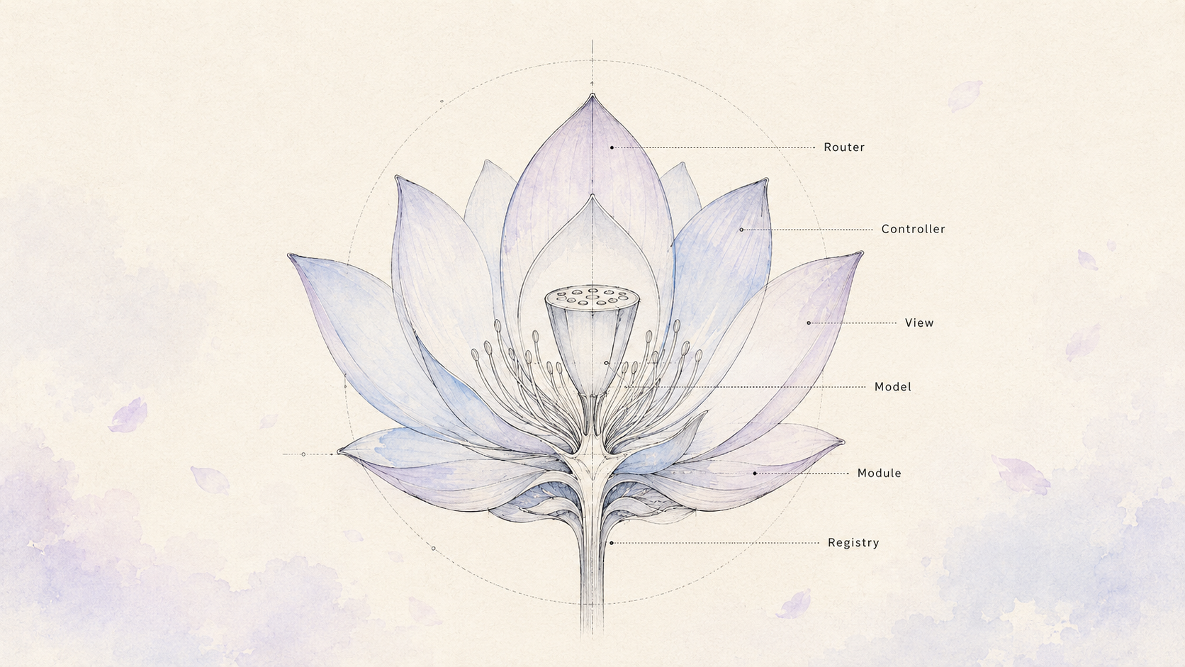 Cross-section illustration of the Nibiru runtime drawn as a lotus, with each petal labeled as a system component: Router, Controller, View, Model, Module, Registry.