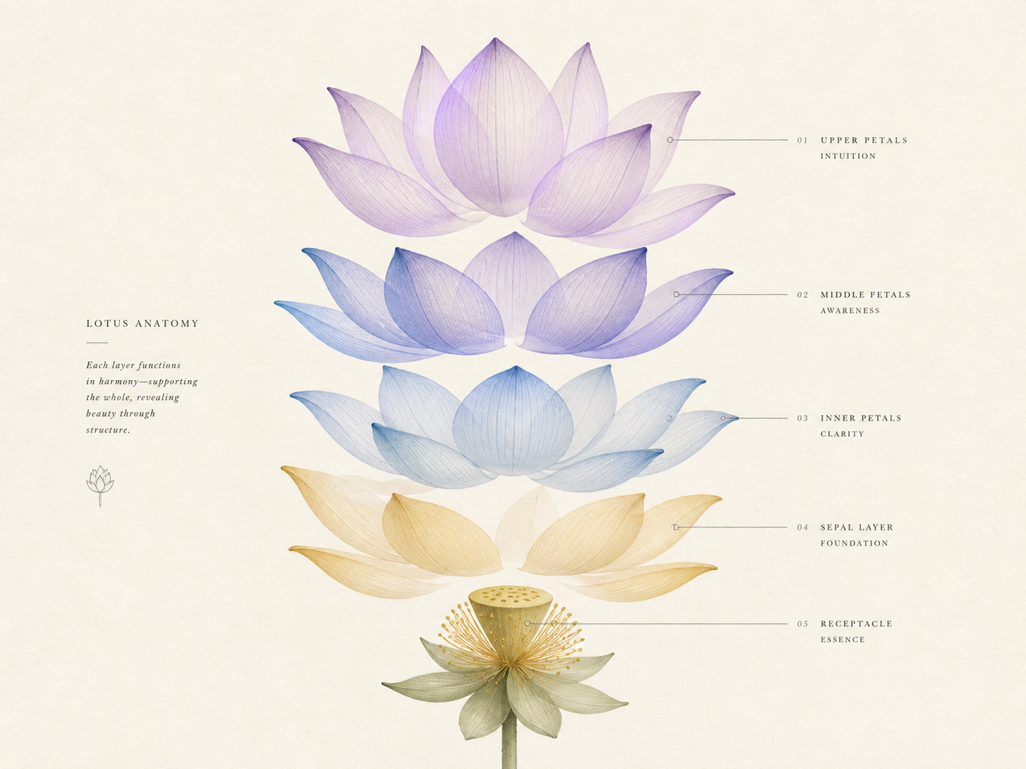 Botanical anatomy of a Nibiru module, drawn as the layered petals of a lotus — outer petals, middle petals, inner petals, sepal layer, receptacle.