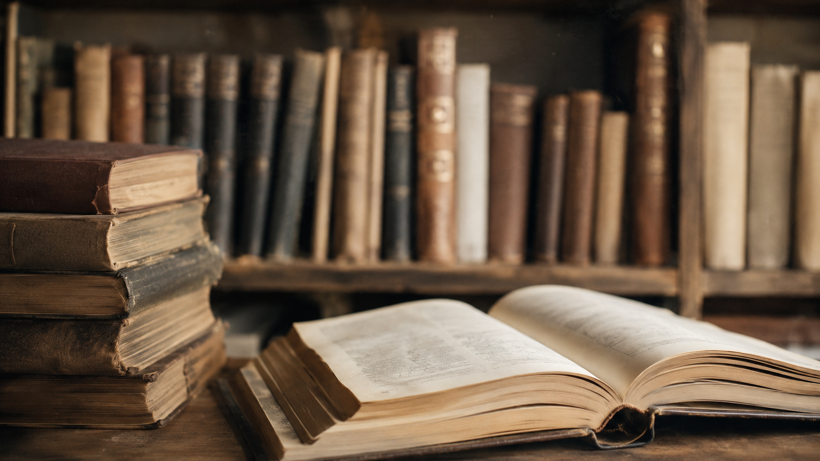 A wall of well-worn leather technical books, one open in soft focus.