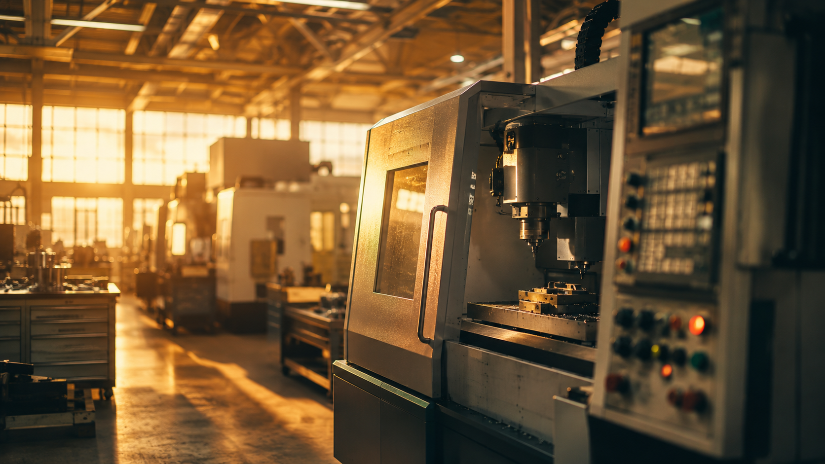 An industrial CNC machine on a factory floor at golden hour.